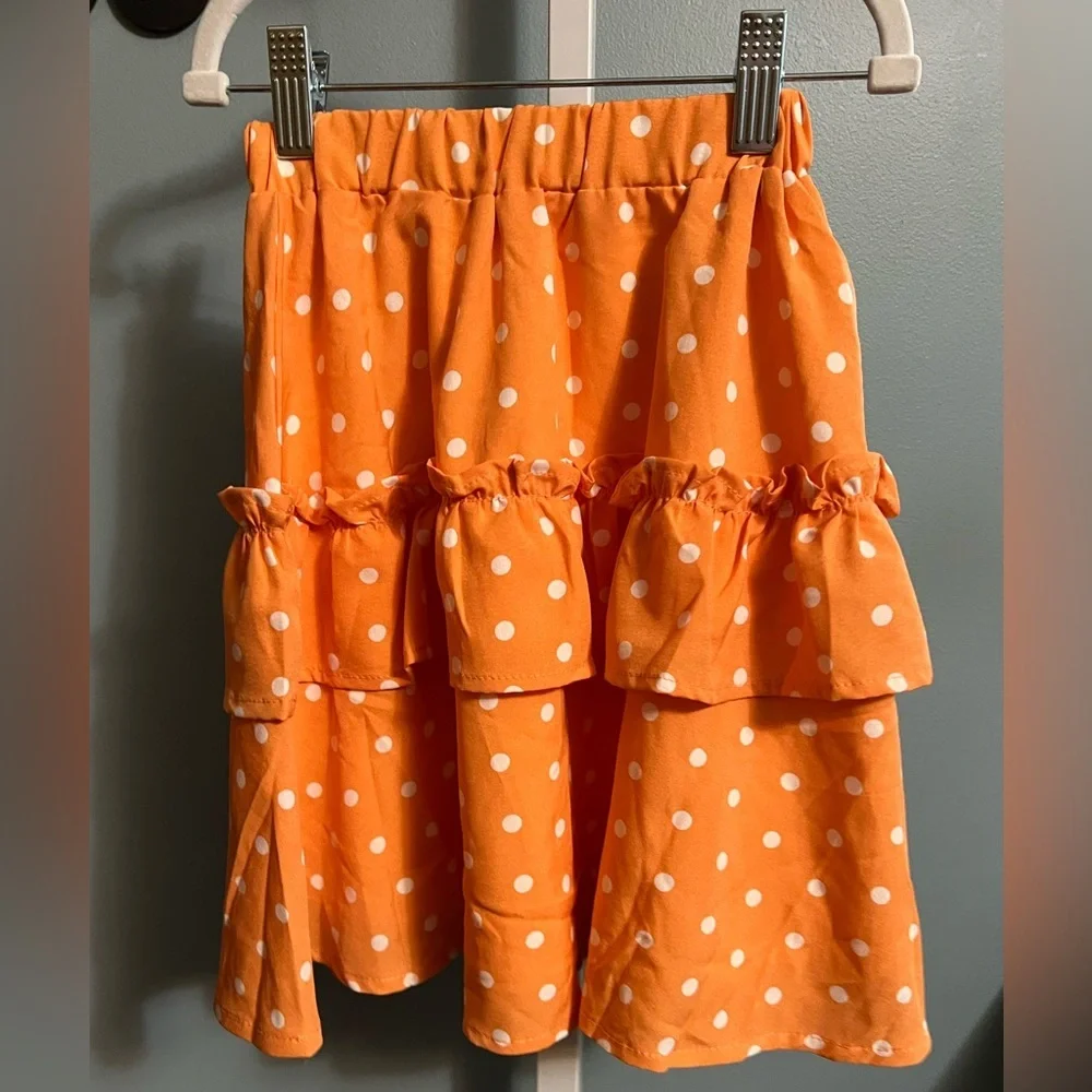 Orange Polka Dot Smocked Two-Piece Set Shirt and Skirt NWOT Boutique 6-7